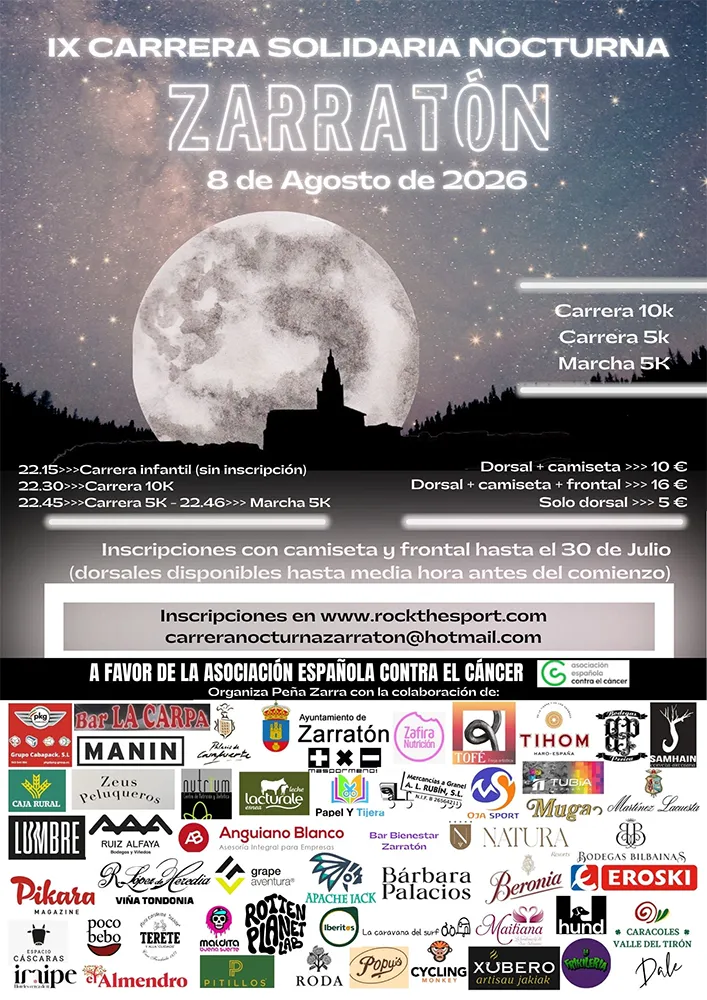 Cartel de la Carrera solidaria nocturna Zarratón 2026